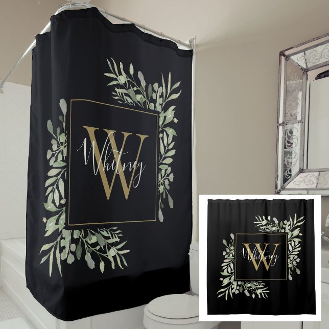 Rideaux De Douche Fleurs de verdure à monogramme en or noir  (Black Gold Monogram Greenery Floral Shower Curtain)