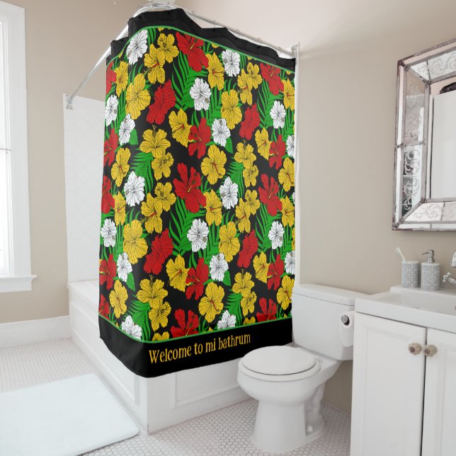 Rideaux De Douche Fleurs d'Hibiscus tropicaux à motif noir (En situation)