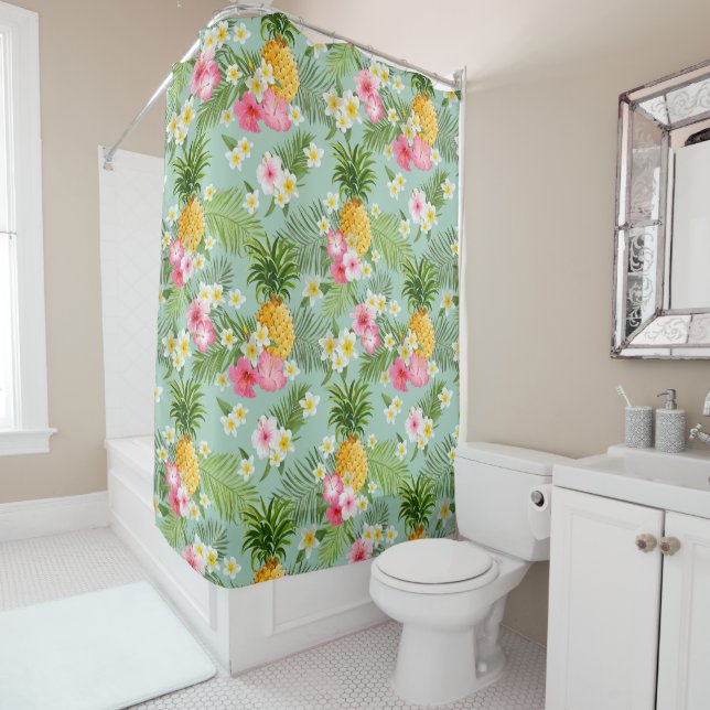 Rideaux De Douche Fleurs et ananas tropicaux (En situation)