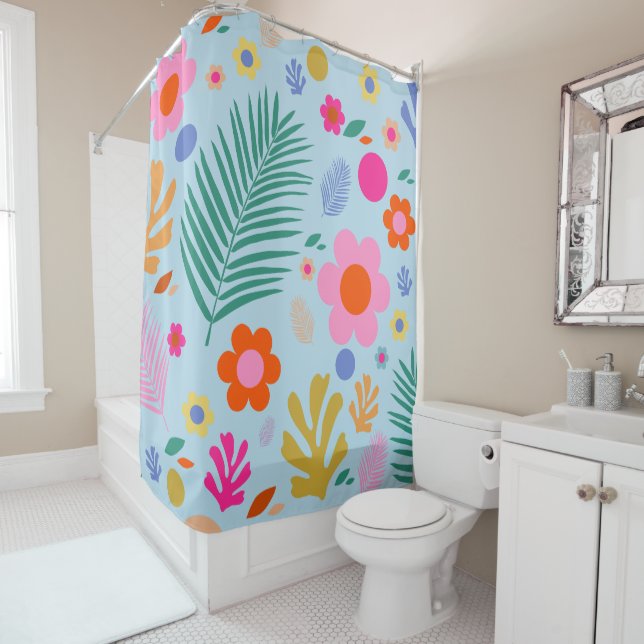 Rideaux De Douche Fleurs Et Feuilles 03 Bleu Et Rose (En situation)