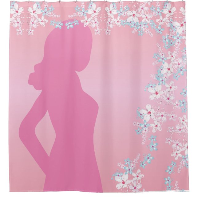 Rideaux De Douche Fleurs et mariée silhouette délicate sur rose (Devant)