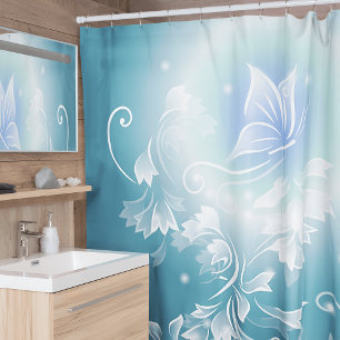 Rideaux De Douche Fleurs et papillon Turquoise