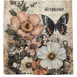 Rideaux De Douche Fleurs et papillons rustiques - Papier vieilli (14