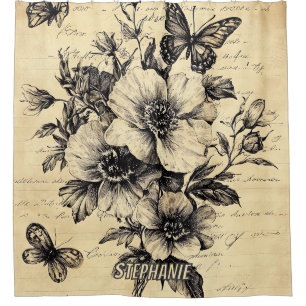 Rideaux De Douche Fleurs et papillons rustiques - Papier vieilli (9)