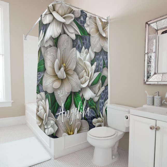 Rideaux De Douche Fleurs et Parties scintillant en argent avec nom p (En situation)