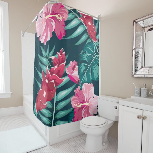 Rideaux De Douche Fleurs exotiques roses (En situation)