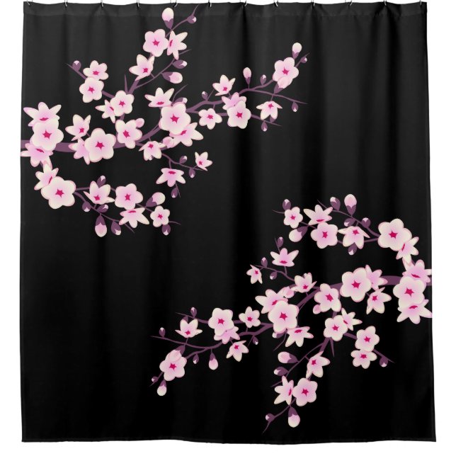 Rideaux De Douche Fleurs florales de cerisier rose noir (Devant)