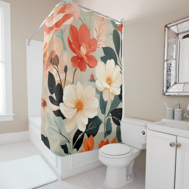 Rideaux De Douche Fleurs florales de Pêche et Crème (En situation)