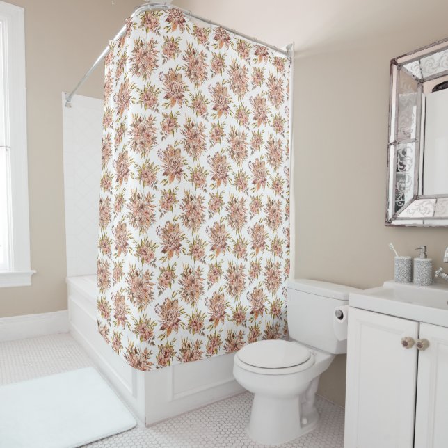 Rideaux De Douche Fleurs Florales Rose Pêche Brun Vert (En situation)