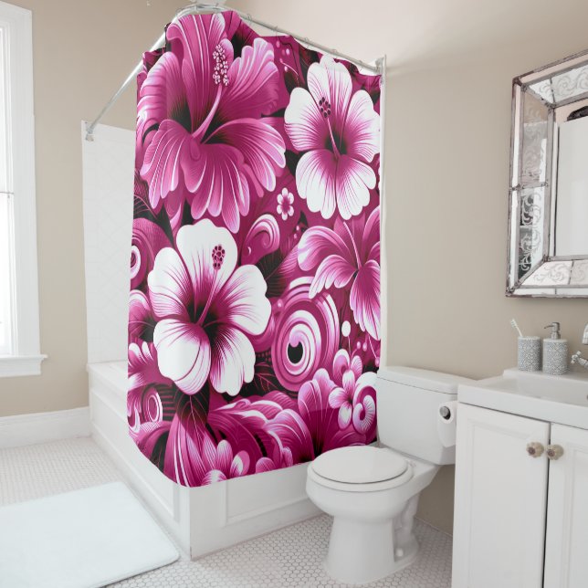 Rideaux De Douche Fleurs hawaïennes tropicales Hibiscus Motif rose (En situation)