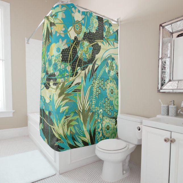 Rideaux De Douche FLEURS JAPONAISES ANCIENNES Aqua Blue Green Floral (En situation)
