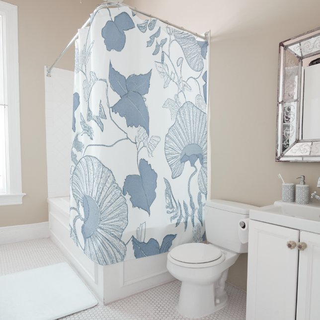 Rideaux De Douche Fleurs japonaises blanches Delicate Arrière - plan (White Background Delicate Blue Japanese Flowers Shower Curtain)