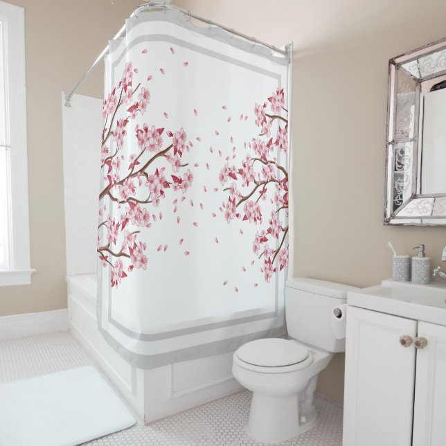 Rideaux De Douche Fleurs japonaises de cerisiers roses (En situation)