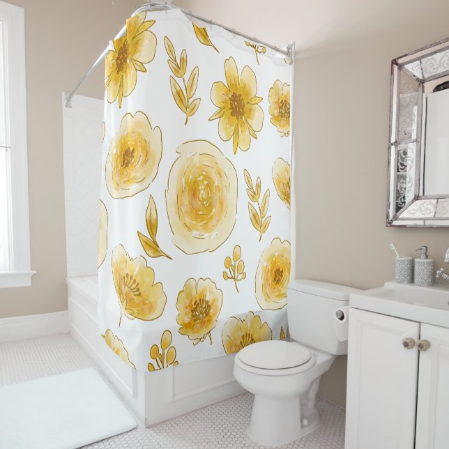 Rideaux De Douche Fleurs Jaunes Tirées À La Main (En situation)