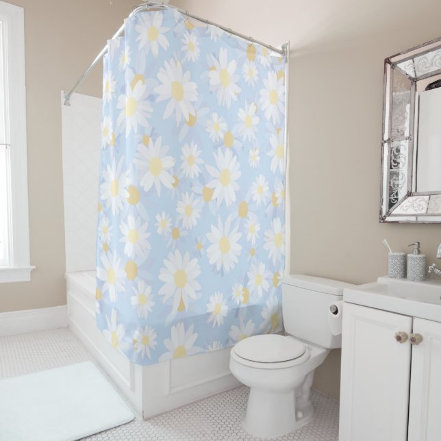 Rideaux De Douche Fleurs marguerites Bleues Classiques (En situation)