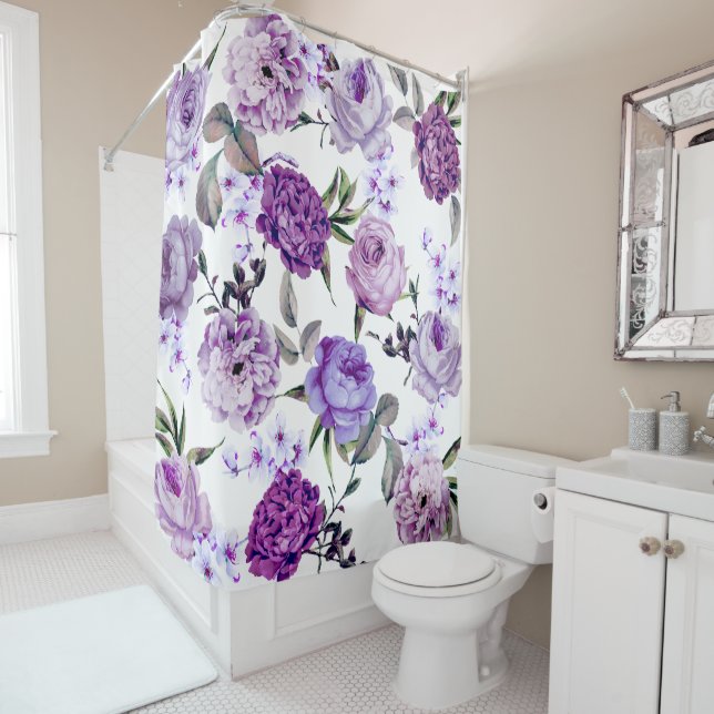 Rideaux De Douche Fleurs pourpres lilas violettes Girly élégantes (En situation)
