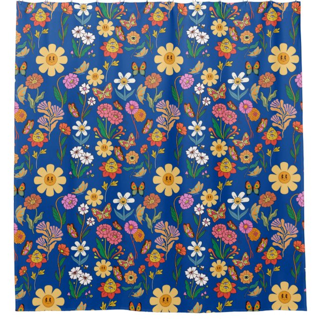Rideaux De Douche Fleurs psychédéliques Motif x4 Bleu BG (Devant)