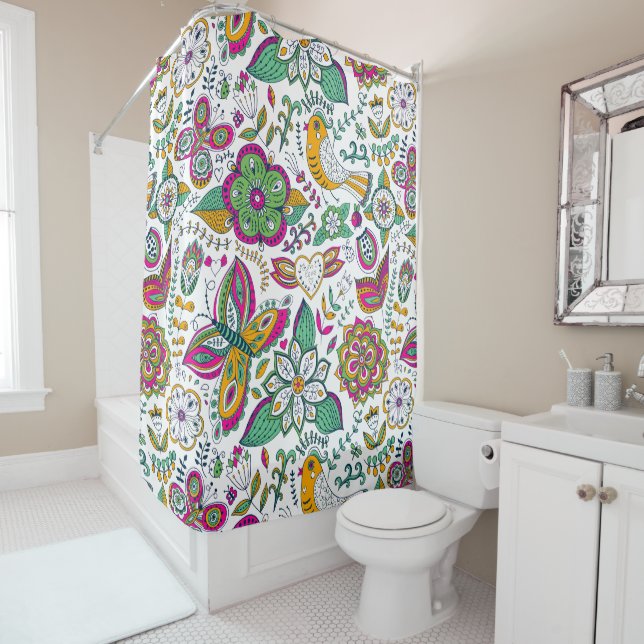 Rideaux De Douche Fleurs rétro Oiseaux et papillons Motif coloré (En situation)