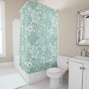 Rideaux De Douche Fleurs rétro vertes blanches et pâles motif