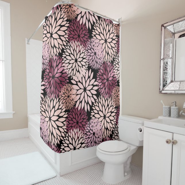 Rideaux De Douche Fleurs roses bleues bordeaux (En situation)