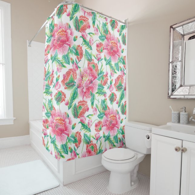 Rideaux De Douche Fleurs roses brillantes Fille Motif (En situation)