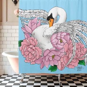 Rideaux De Douche Fleurs roses cygnes blanches