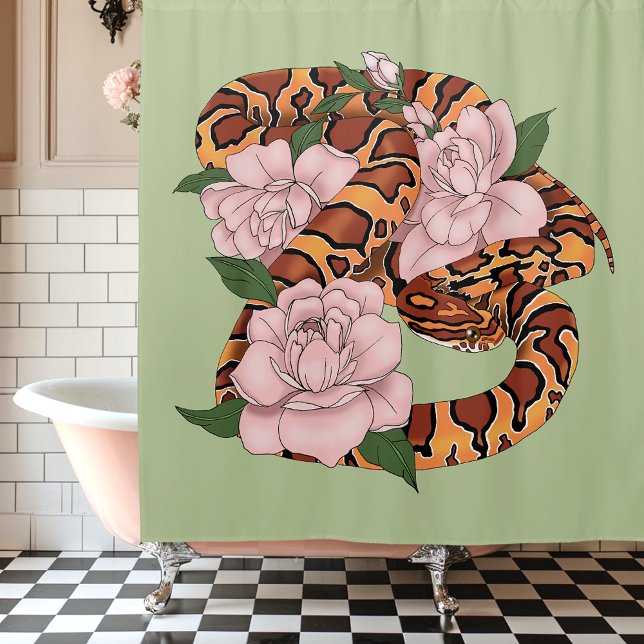 Rideaux De Douche Fleurs roses du serpent de maïs vert (Créateur téléchargé)