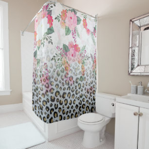 Rideaux De Douche Fleurs roses Empreintes de léopard noires en argen