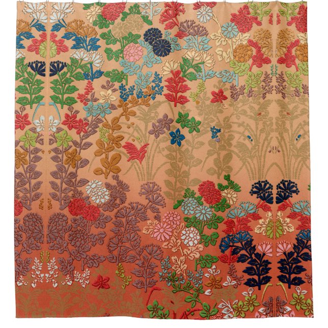 RIDEAUX DE DOUCHE FLEURS ROSES ROUGES, FLEURS JAPONAISES FEUILLES AN (Devant)