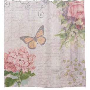 Rideaux De Douche Fleurs roses vintages et papillon