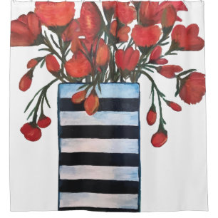 Rideaux De Douche Fleurs rouges dans le vase rayé noir et blanc