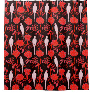 Rideaux De Douche FLEURS ROUGES NOIRS ART DÉCO, PAROTS BLANCS Floral