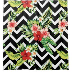 Rideaux De Douche Fleurs tropicales colorées Motif moderne Chevron
