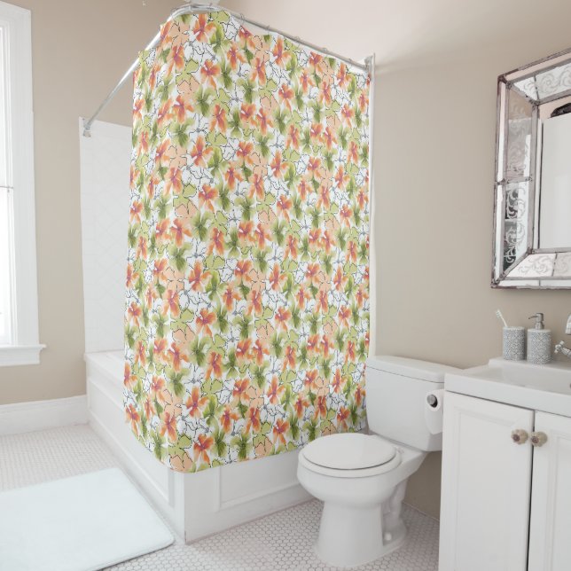 Rideaux De Douche Fleurs tropicales et art linéaire (En situation)