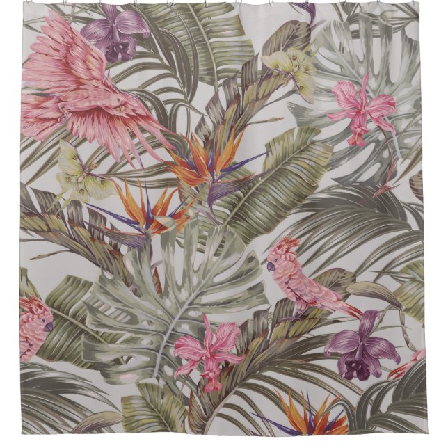 Rideaux De Douche Fleurs tropicales, feuilles de palmiers, oiseau de (Devant)