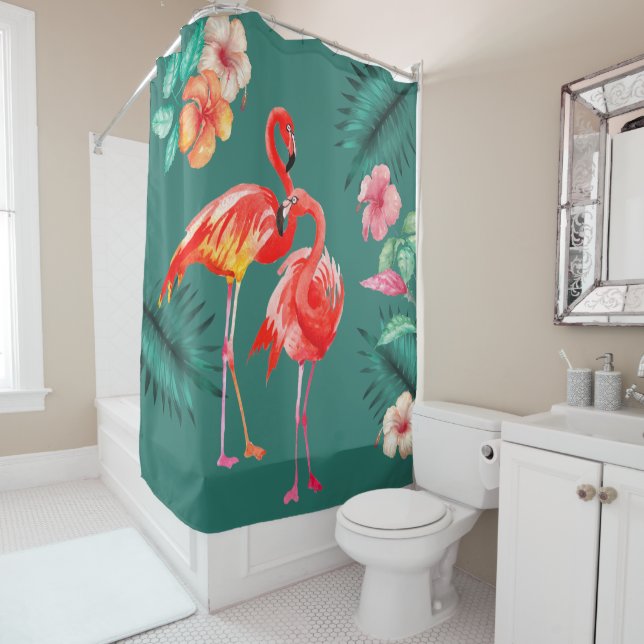 Rideaux De Douche Fleurs tropicales Flamant rose corail rose (En situation)