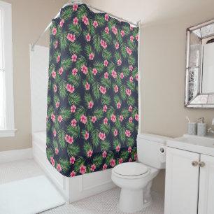 Rideaux De Douche Fleurs tropicales roses et Motif feuille verte ble