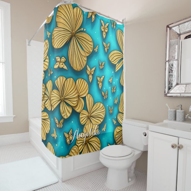 Rideaux De Douche Fleurs turquoises et or Nom personnalisé (En situation)