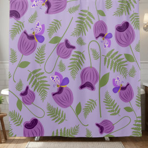Rideaux De Douche Fleurs Violettes Fougères & Papillons Dessinés à l