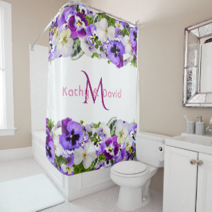Rideaux De Douche Fleurs violettes nom monogramme blanc