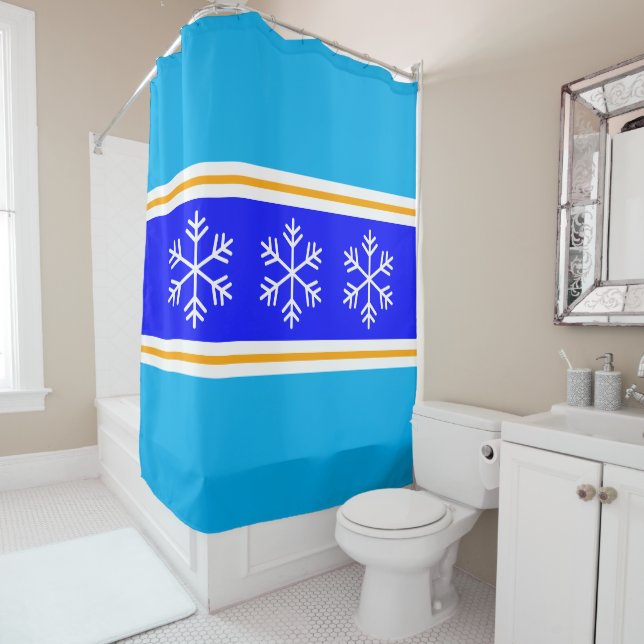 Rideaux De Douche Flocons de neige festifs rayures hivernales bleu r (En situation)