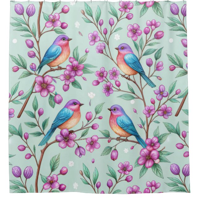 Rideaux De Douche Floral Birds Pattern on Mint Background (3) (Devant)