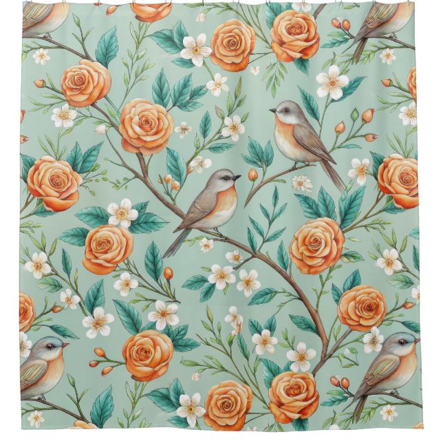 Rideaux De Douche Floral Birds Pattern on Mint Background (6) (Devant)