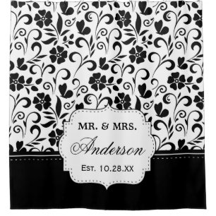 Rideaux De Douche Floral Blanc Noir Juste Marié Mariage Date