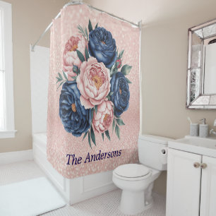Rideaux De Douche Floral bleu marine et or Rose