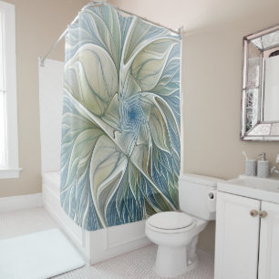 Rideaux De Douche Floral Dream Motif Abstrait Blue Khaki Fractal