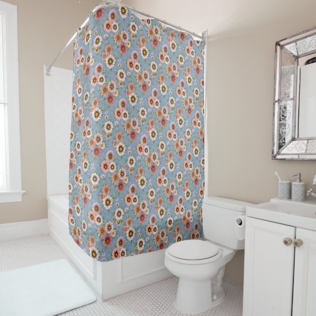 Rideaux De Douche Floral marguerite moderne sur bleu (En situation)