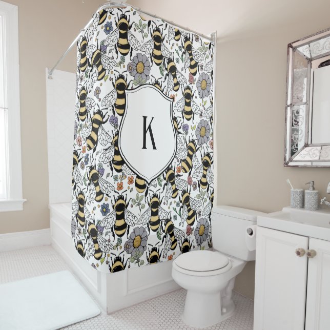 Rideaux De Douche Floral Monogram Bumble Bee (En situation)