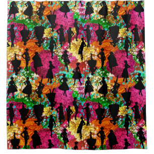 Rideaux De Douche floral noir du milieu du siècle 1950 silhouette vi