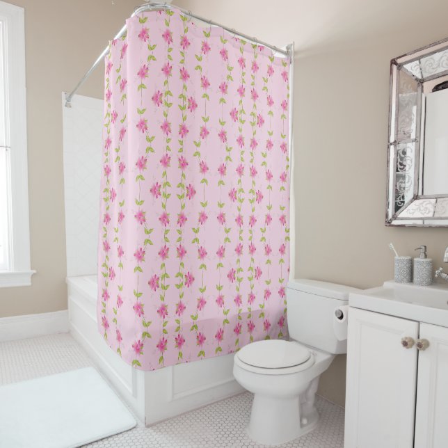 Rideaux De Douche Floral Rose Accentué De Vert Lime (En situation)